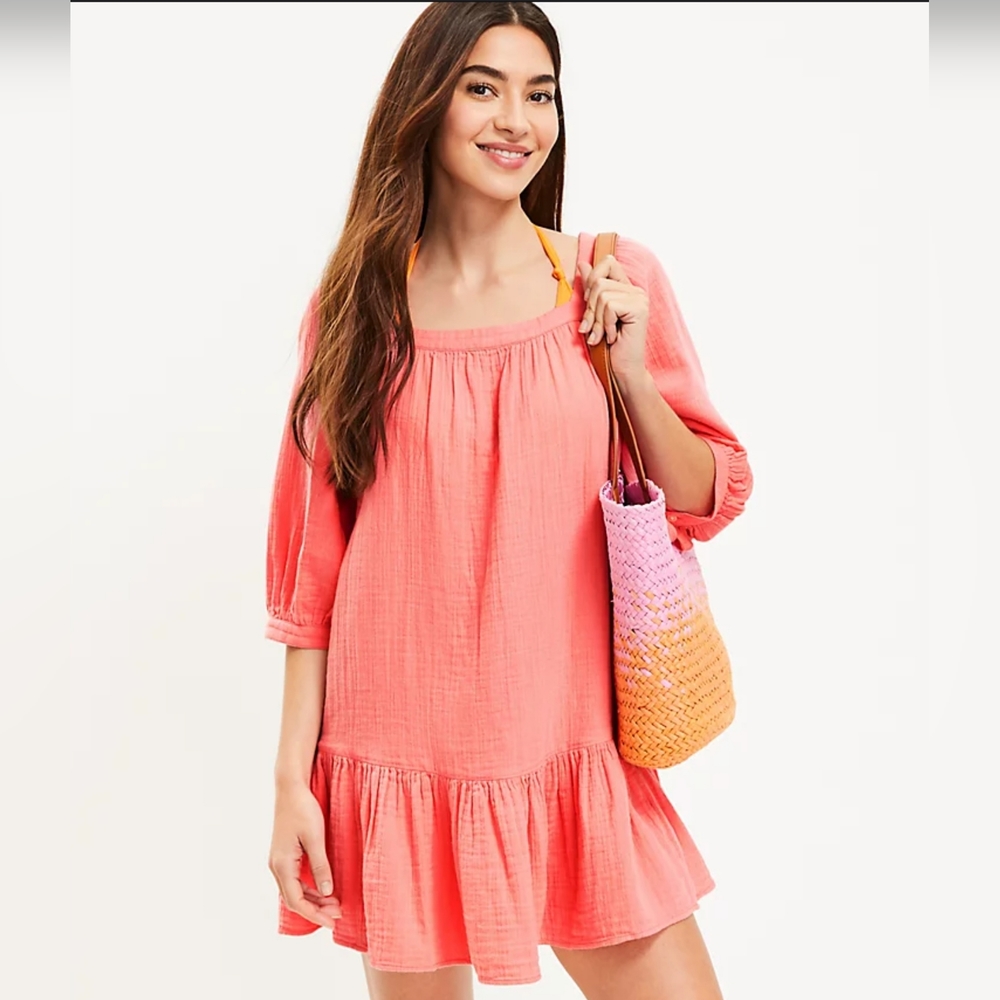 LOFT Square Neck Flounce Swing Dress Pink Size S